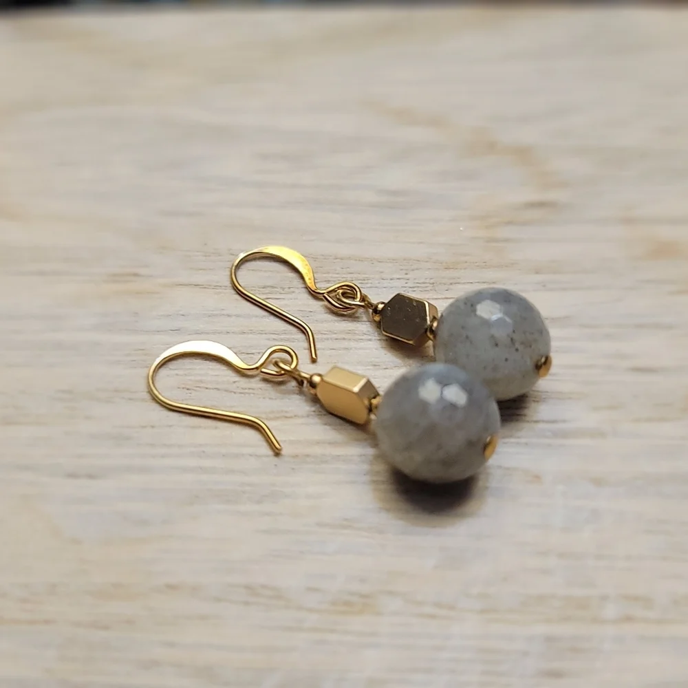 Handmade Labradorite Faceted Bead Dangle Earrings Gold Tone Hooks ~ 1.25